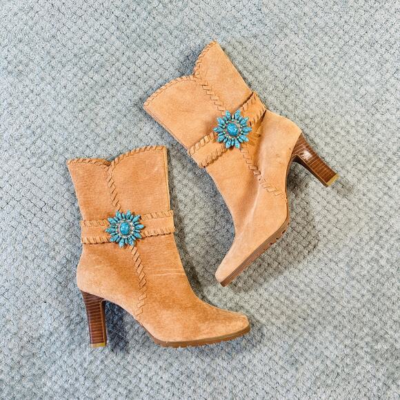 Vintage Suzanne Somers Suede Leather Turquoise Heeled Y2K Western Ankle Boots 7 - Picture 7 of 7